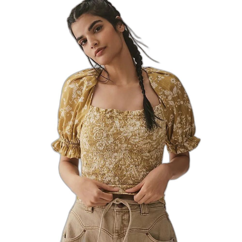 ANTHROPOLOGIE  Seersucker Smocked Crop Top - Green Size 2XL
